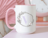 Letter V Monogram Mug, Floral Initial Coffee Mug for Women, Botanical Alphabet Cup, Minimalist Monogram Gift, Personalized Letter Mug