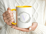 Letter V Monogram Mug, Floral Initial Coffee Mug for Women, Botanical Alphabet Cup, Minimalist Monogram Gift, Personalized Letter Mug