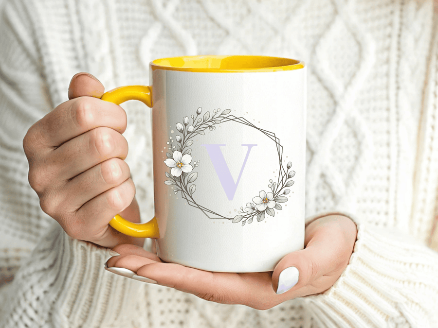 Letter V Monogram Mug, Floral Initial Coffee Mug for Women, Botanical Alphabet Cup, Minimalist Monogram Gift, Personalized Letter Mug