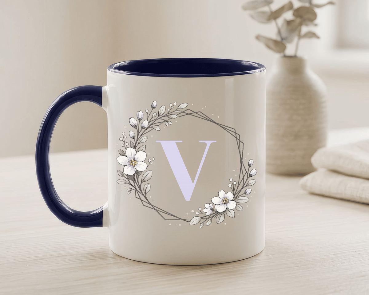 Letter V Monogram Mug, Floral Initial Coffee Mug for Women, Botanical Alphabet Cup, Minimalist Monogram Gift, Personalized Letter Mug