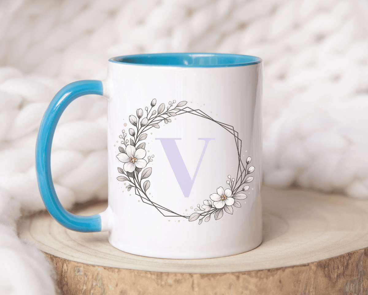Letter V Monogram Mug, Floral Initial Coffee Mug for Women, Botanical Alphabet Cup, Minimalist Monogram Gift, Personalized Letter Mug