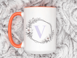Letter V Monogram Mug, Floral Initial Coffee Mug for Women, Botanical Alphabet Cup, Minimalist Monogram Gift, Personalized Letter Mug