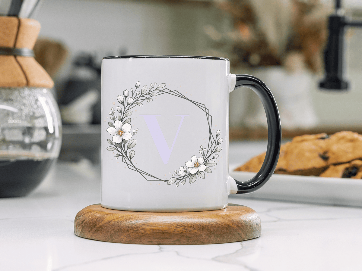 Letter V Monogram Mug, Floral Initial Coffee Mug for Women, Botanical Alphabet Cup, Minimalist Monogram Gift, Personalized Letter Mug