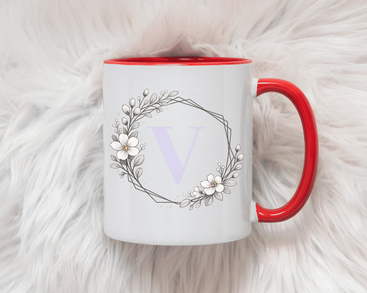 Letter V Monogram Mug, Floral Initial Coffee Mug for Women, Botanical Alphabet Cup, Minimalist Monogram Gift, Personalized Letter Mug
