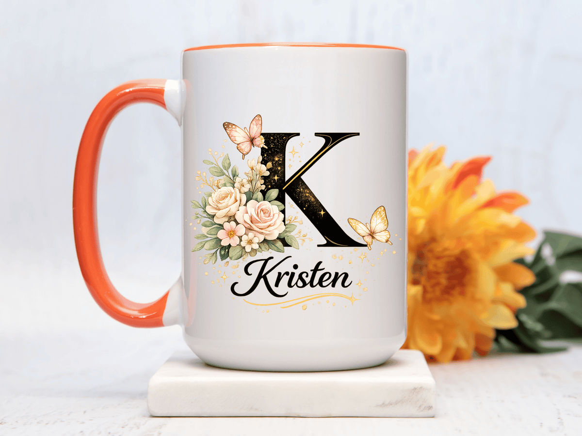 Personalized Butterfly Monogram Mug, Custom Name Coffee Mug with Initial Letter, Floral Mug for Women, Birthday Gift, Elegant Custom Cup