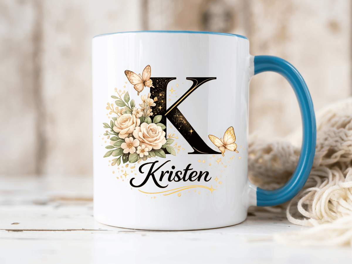 Personalized Butterfly Monogram Mug, Custom Name Coffee Mug with Initial Letter, Floral Mug for Women, Birthday Gift, Elegant Custom Cup