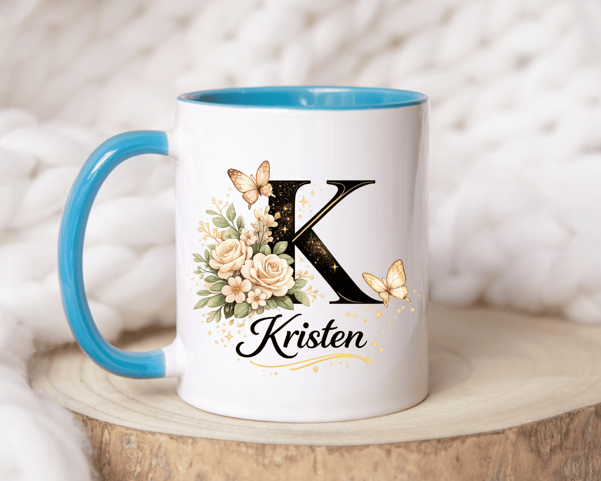 Personalized Butterfly Monogram Mug, Custom Name Coffee Mug with Initial Letter, Floral Mug for Women, Birthday Gift, Elegant Custom Cup