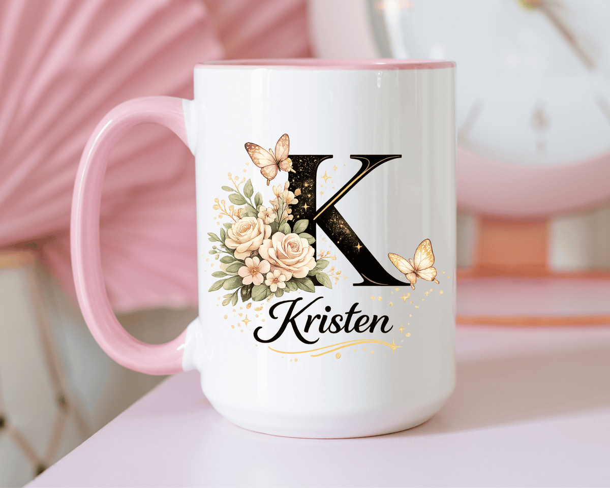 Personalized Butterfly Monogram Mug, Custom Name Coffee Mug with Initial Letter, Floral Mug for Women, Birthday Gift, Elegant Custom Cup