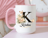 Personalized Butterfly Monogram Mug, Custom Name Coffee Mug with Initial Letter, Floral Mug for Women, Birthday Gift, Elegant Custom Cup