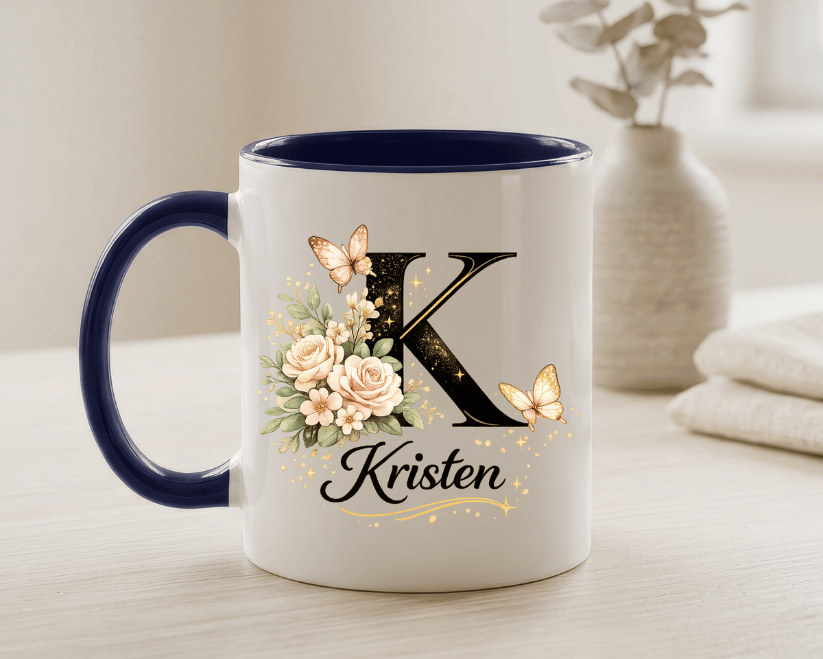 Personalized Butterfly Monogram Mug, Custom Name Coffee Mug with Initial Letter, Floral Mug for Women, Birthday Gift, Elegant Custom Cup