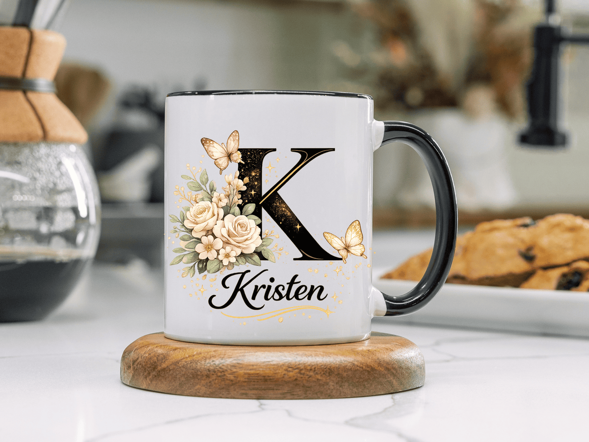 Personalized Butterfly Monogram Mug, Custom Name Coffee Mug with Initial Letter, Floral Mug for Women, Birthday Gift, Elegant Custom Cup