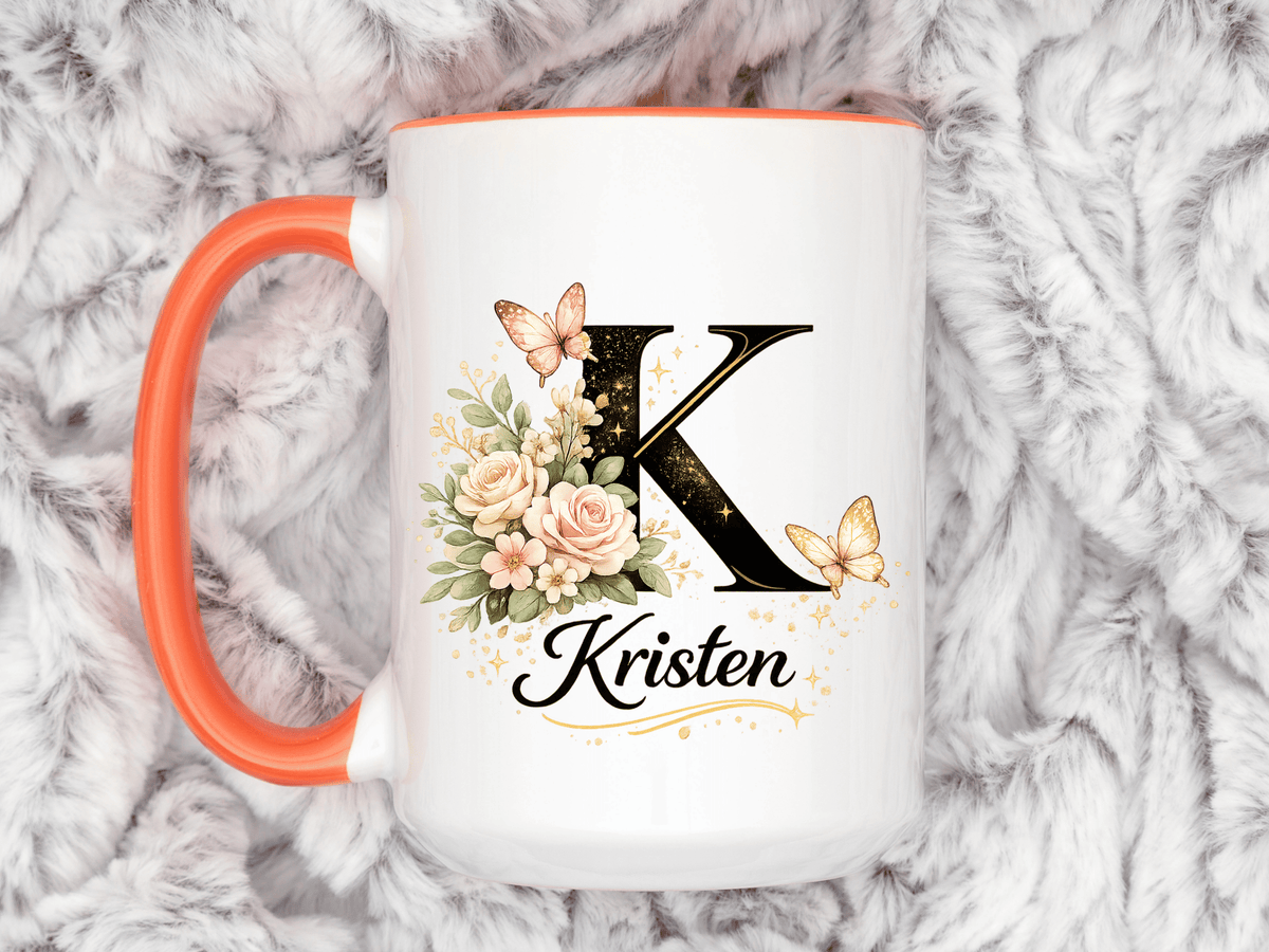 Personalized Butterfly Monogram Mug, Custom Name Coffee Mug with Initial Letter, Floral Mug for Women, Birthday Gift, Elegant Custom Cup