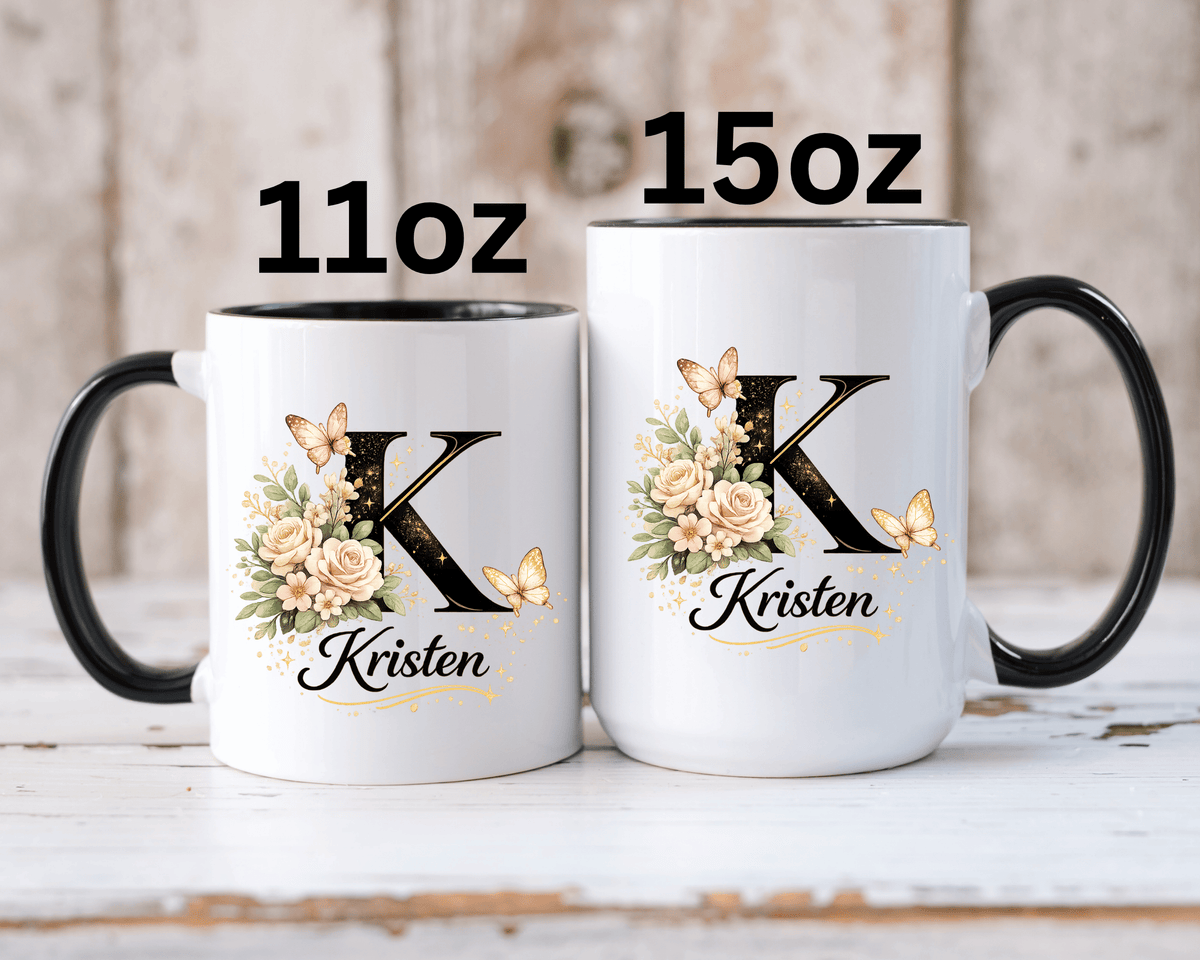 Personalized Butterfly Monogram Mug, Custom Name Coffee Mug with Initial Letter, Floral Mug for Women, Birthday Gift, Elegant Custom Cup