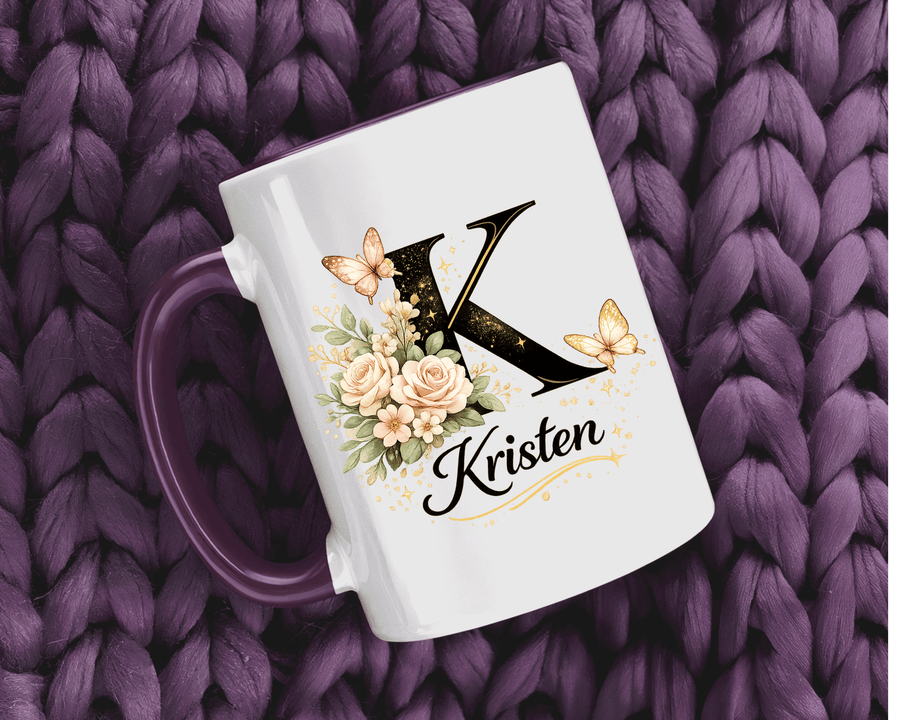 Personalized Butterfly Monogram Mug, Custom Name Coffee Mug with Initial Letter, Floral Mug for Women, Birthday Gift, Elegant Custom Cup