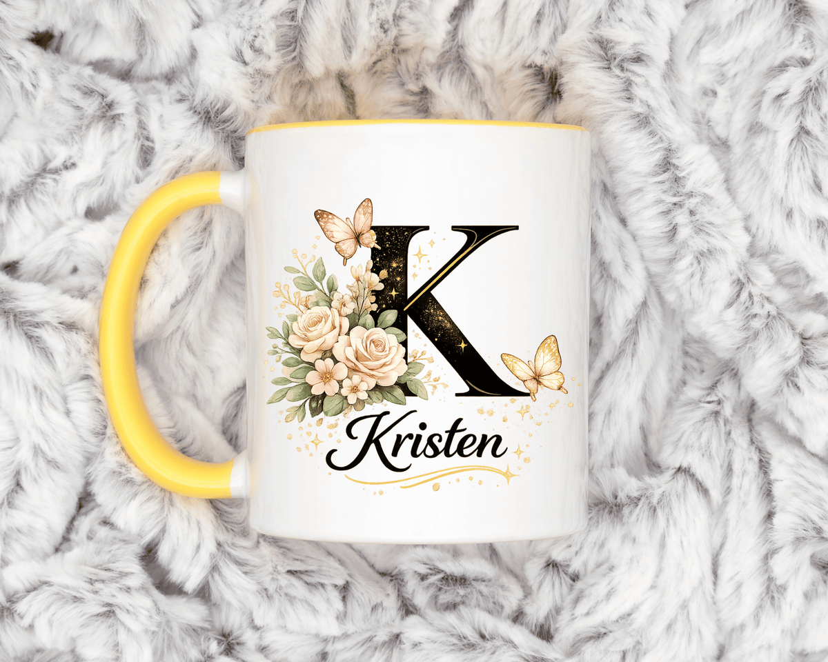 Personalized Butterfly Monogram Mug, Custom Name Coffee Mug with Initial Letter, Floral Mug for Women, Birthday Gift, Elegant Custom Cup
