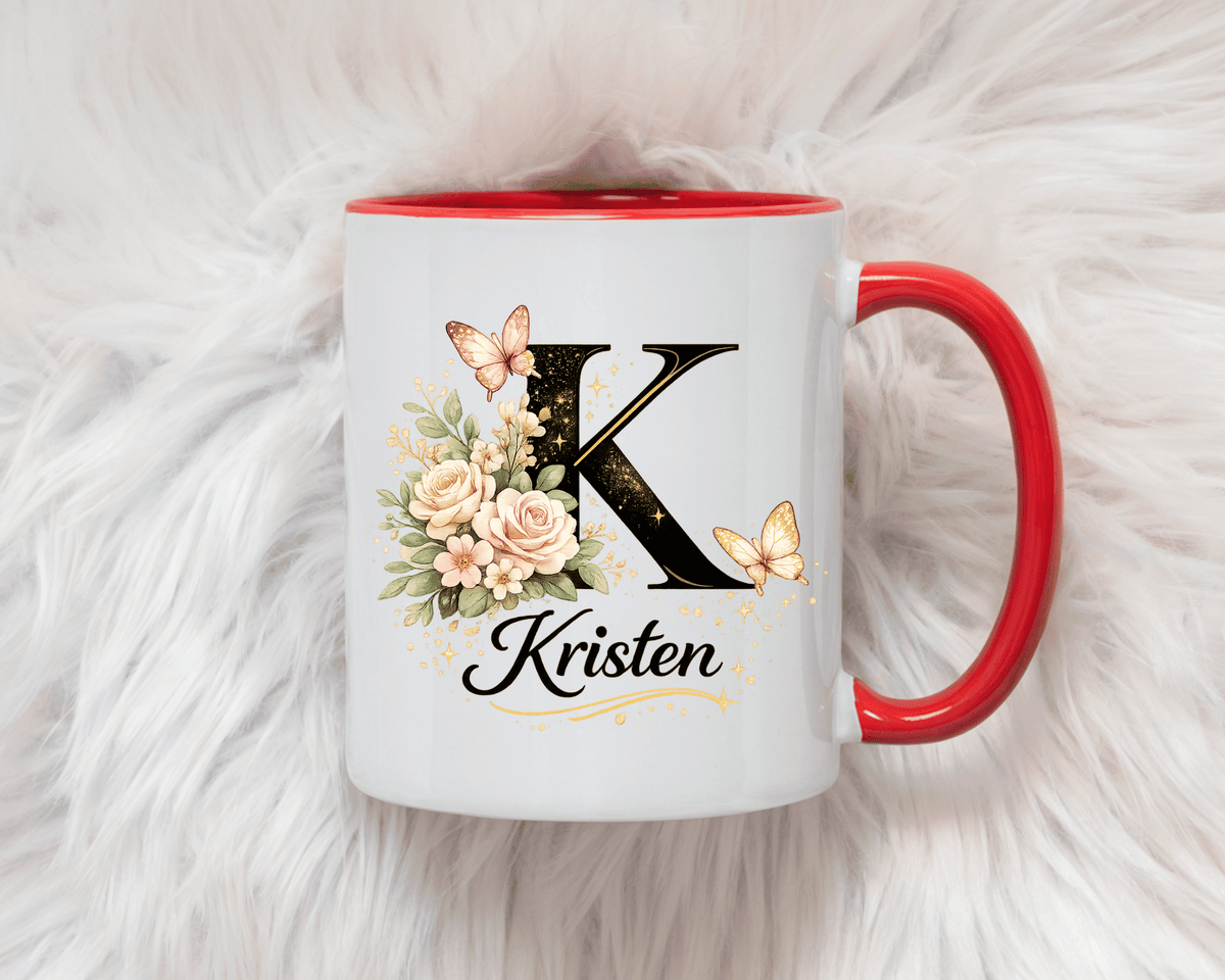 Personalized Butterfly Monogram Mug, Custom Name Coffee Mug with Initial Letter, Floral Mug for Women, Birthday Gift, Elegant Custom Cup