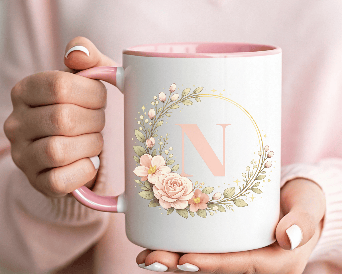 Personalized Floral Monogram Mug, Custom Initial Coffee Mug for Women, Botanical Letter Cup, Bridesmaid Gift, Birthday Gift for Her