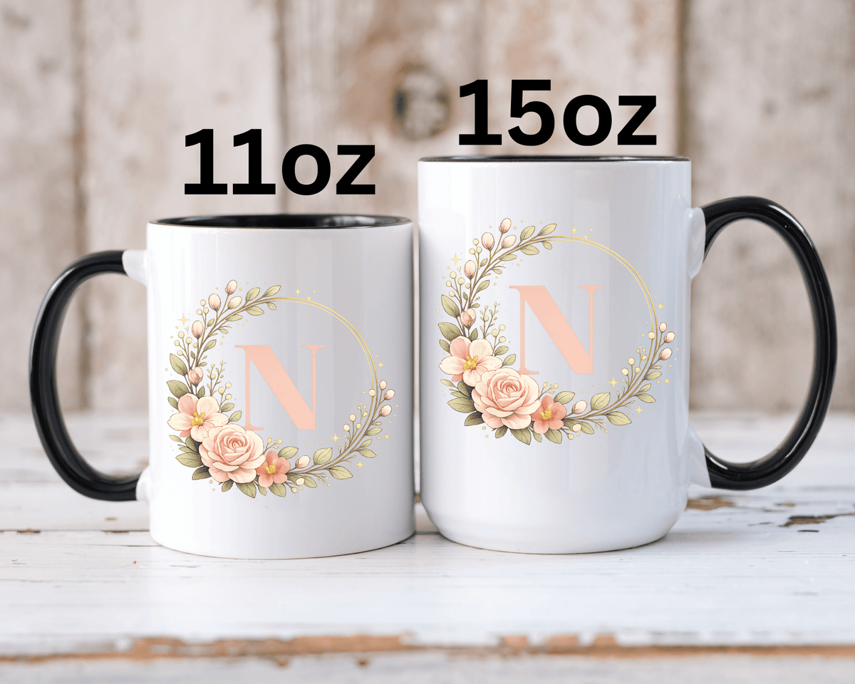Personalized Floral Monogram Mug, Custom Initial Coffee Mug for Women, Botanical Letter Cup, Bridesmaid Gift, Birthday Gift for Her