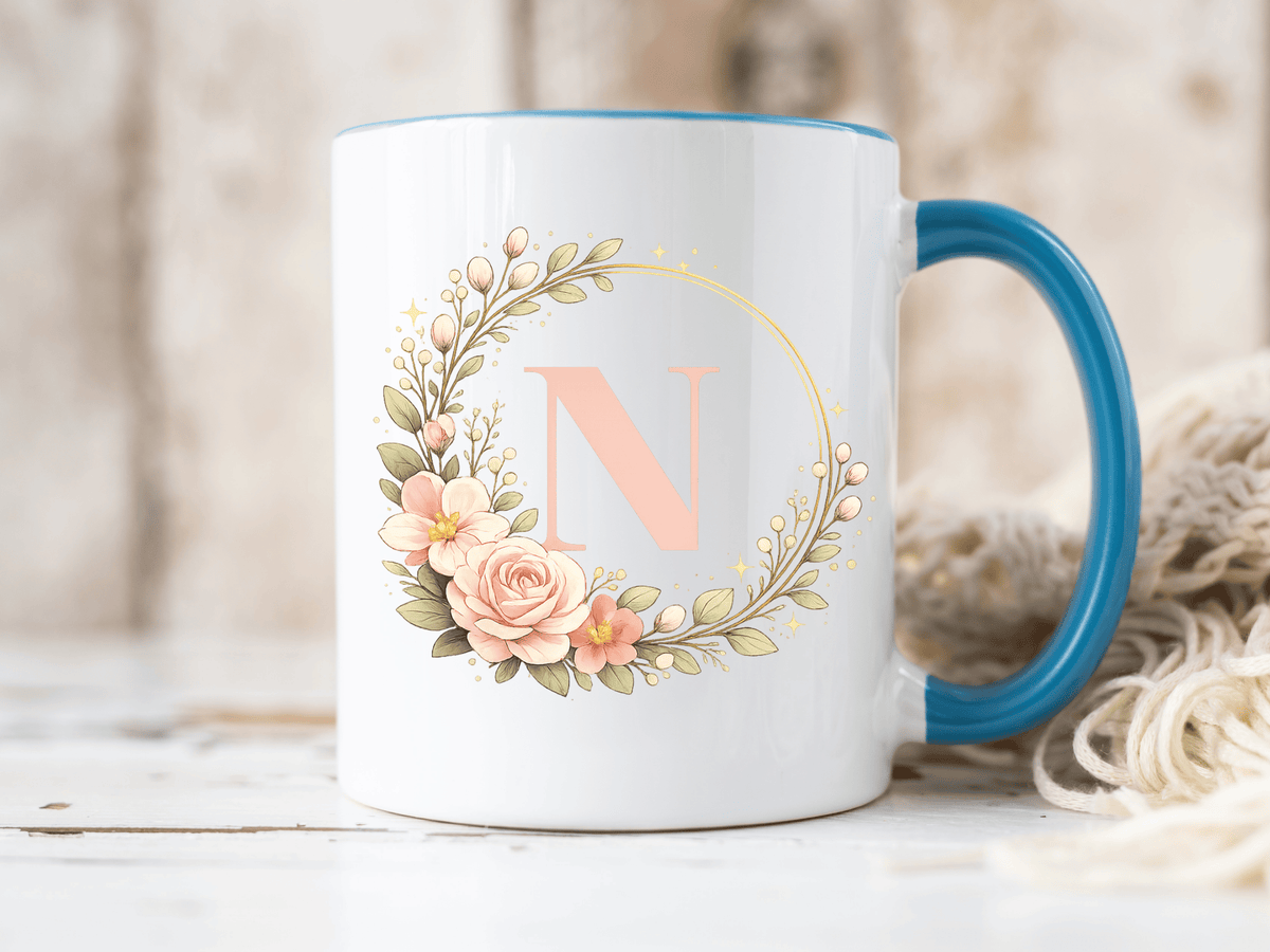 Personalized Floral Monogram Mug, Custom Initial Coffee Mug for Women, Botanical Letter Cup, Bridesmaid Gift, Birthday Gift for Her
