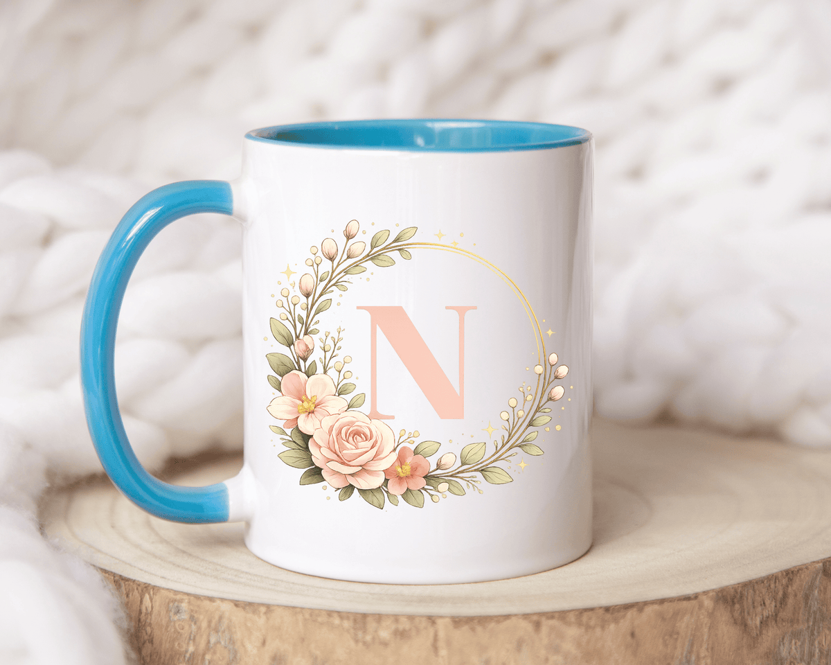 Personalized Floral Monogram Mug, Custom Initial Coffee Mug for Women, Botanical Letter Cup, Bridesmaid Gift, Birthday Gift for Her