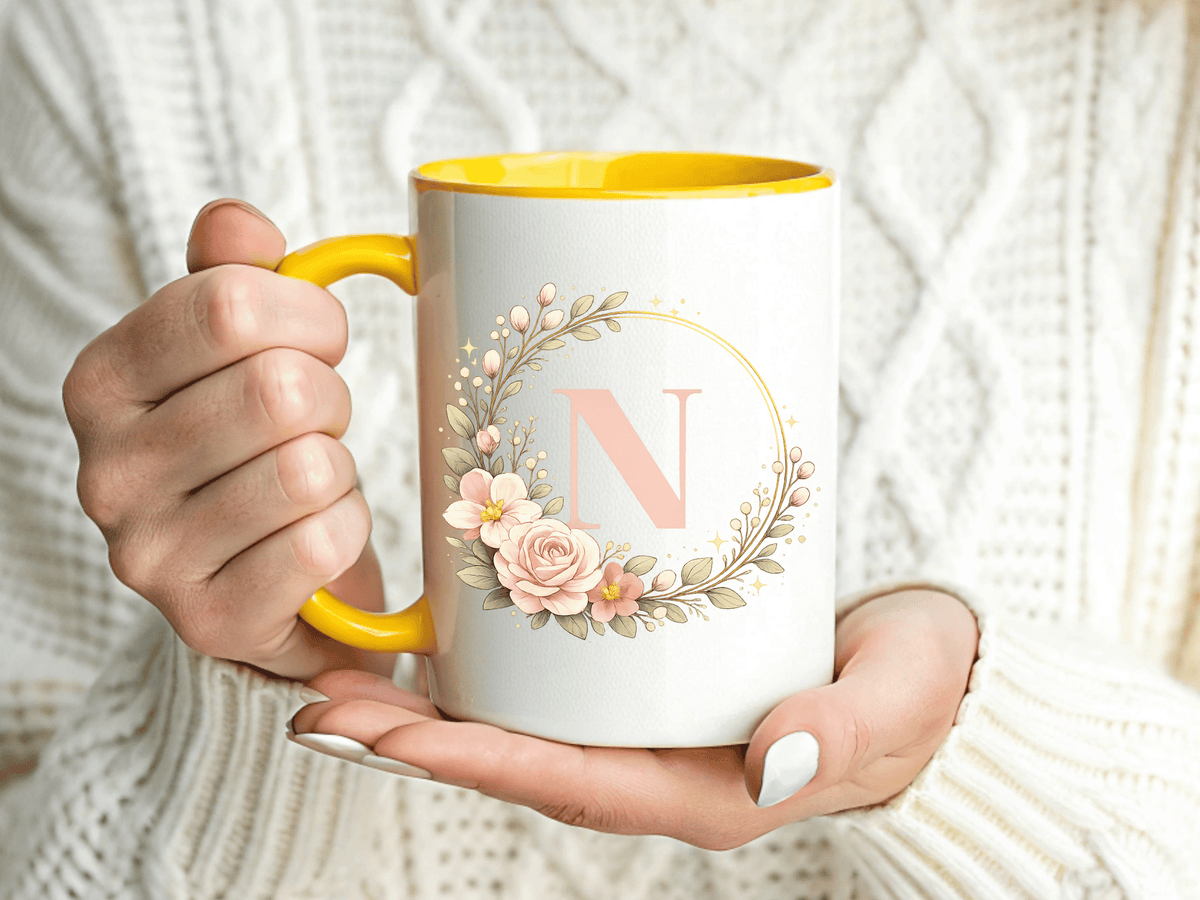 Personalized Floral Monogram Mug, Custom Initial Coffee Mug for Women, Botanical Letter Cup, Bridesmaid Gift, Birthday Gift for Her