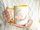 Personalized Floral Monogram Mug, Custom Initial Coffee Mug for Women, Botanical Letter Cup, Bridesmaid Gift, Birthday Gift for Her