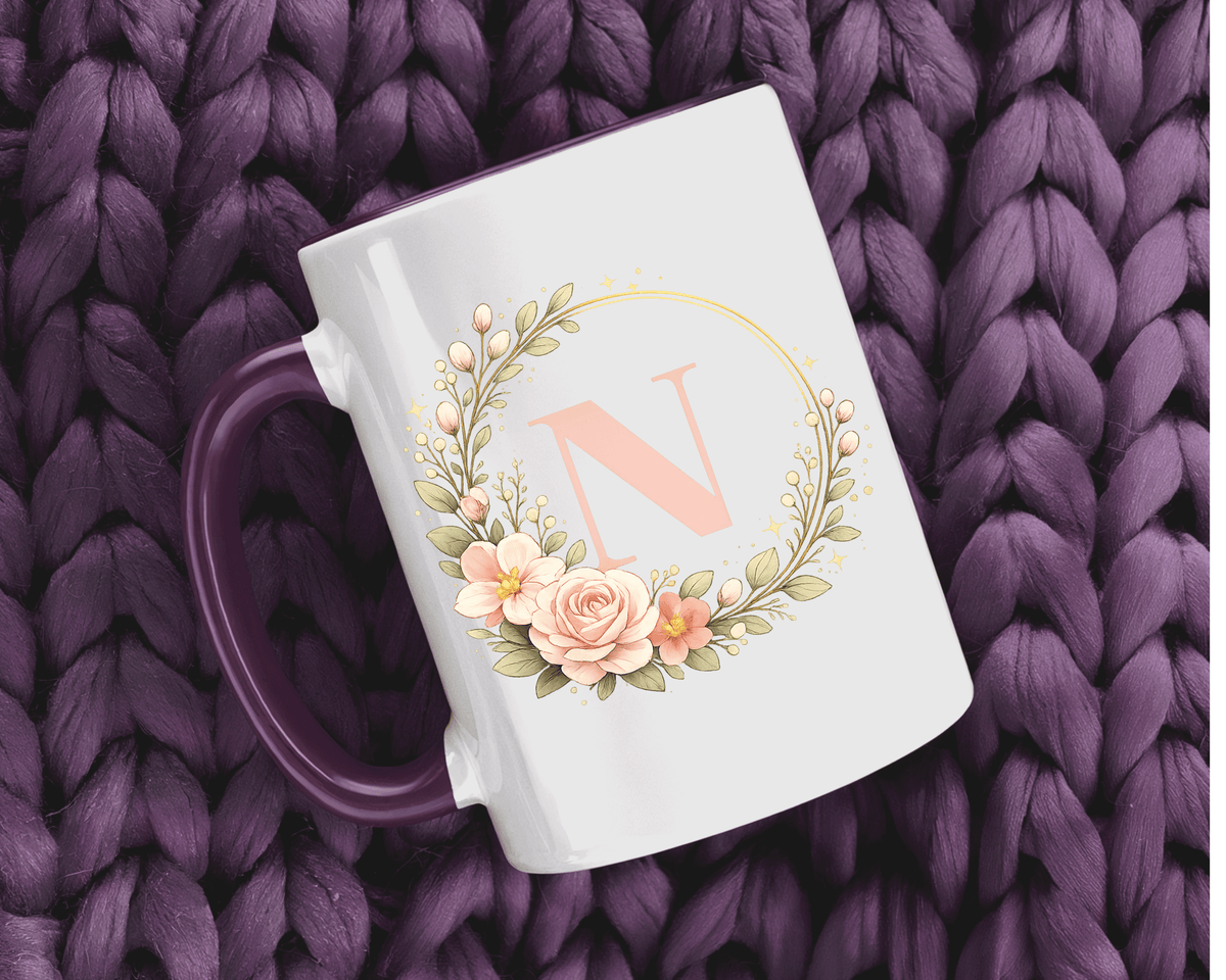 Personalized Floral Monogram Mug, Custom Initial Coffee Mug for Women, Botanical Letter Cup, Bridesmaid Gift, Birthday Gift for Her