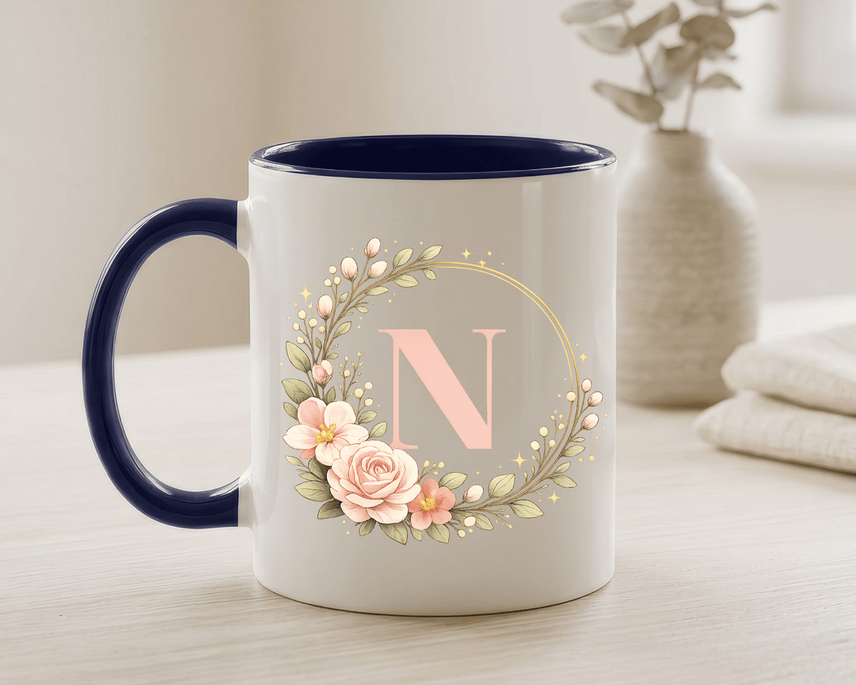 Personalized Floral Monogram Mug, Custom Initial Coffee Mug for Women, Botanical Letter Cup, Bridesmaid Gift, Birthday Gift for Her