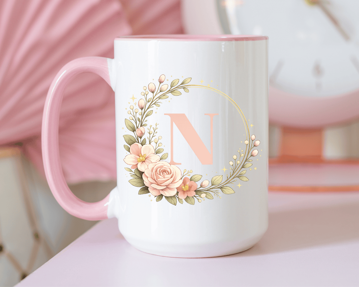 Personalized Floral Monogram Mug, Custom Initial Coffee Mug for Women, Botanical Letter Cup, Bridesmaid Gift, Birthday Gift for Her