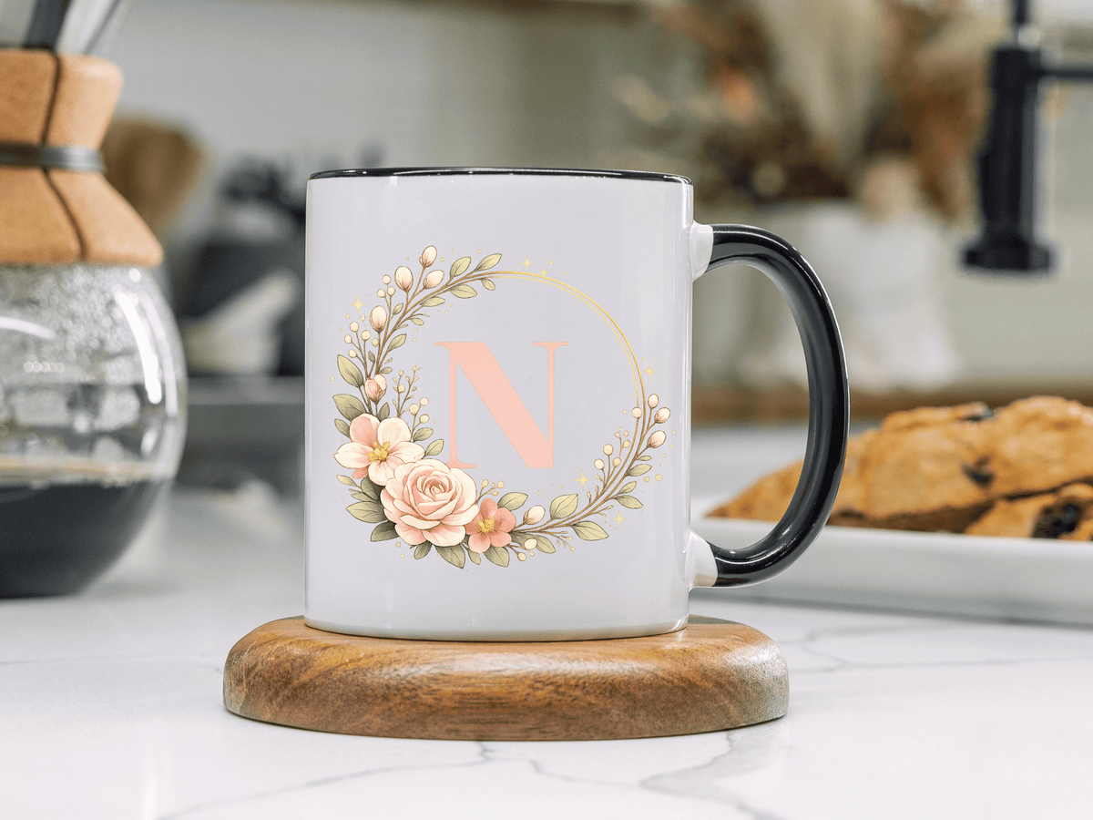 Personalized Floral Monogram Mug, Custom Initial Coffee Mug for Women, Botanical Letter Cup, Bridesmaid Gift, Birthday Gift for Her