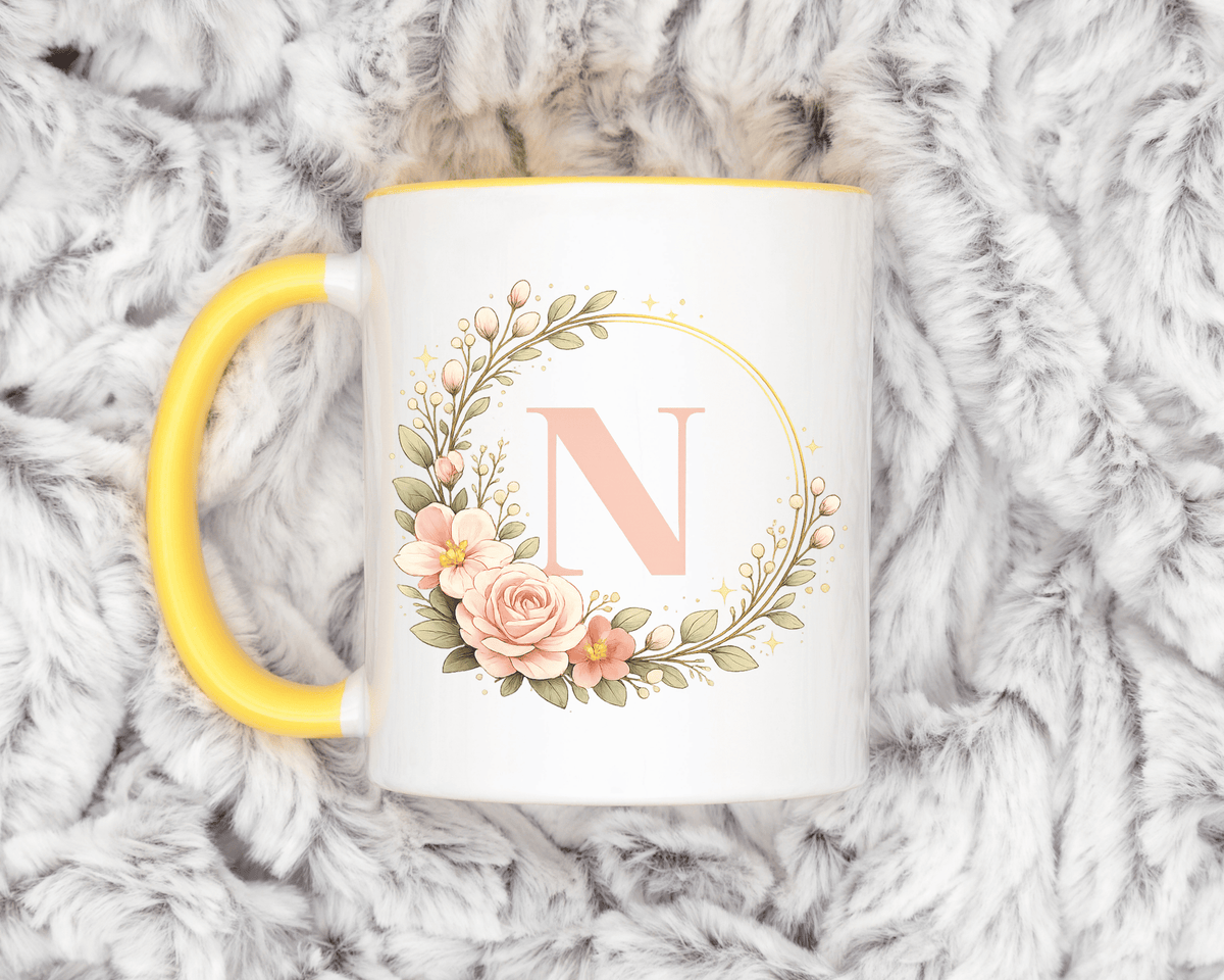 Personalized Floral Monogram Mug, Custom Initial Coffee Mug for Women, Botanical Letter Cup, Bridesmaid Gift, Birthday Gift for Her
