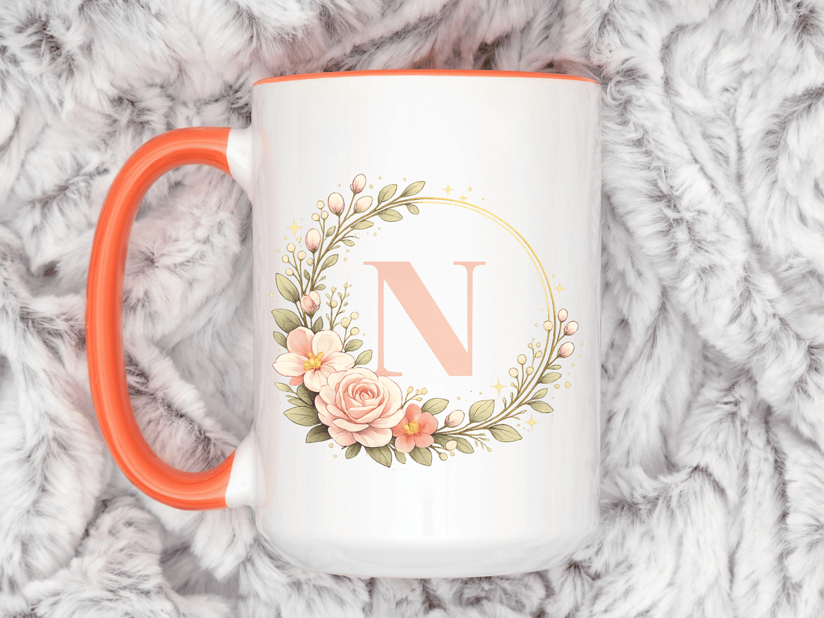Personalized Floral Monogram Mug, Custom Initial Coffee Mug for Women, Botanical Letter Cup, Bridesmaid Gift, Birthday Gift for Her