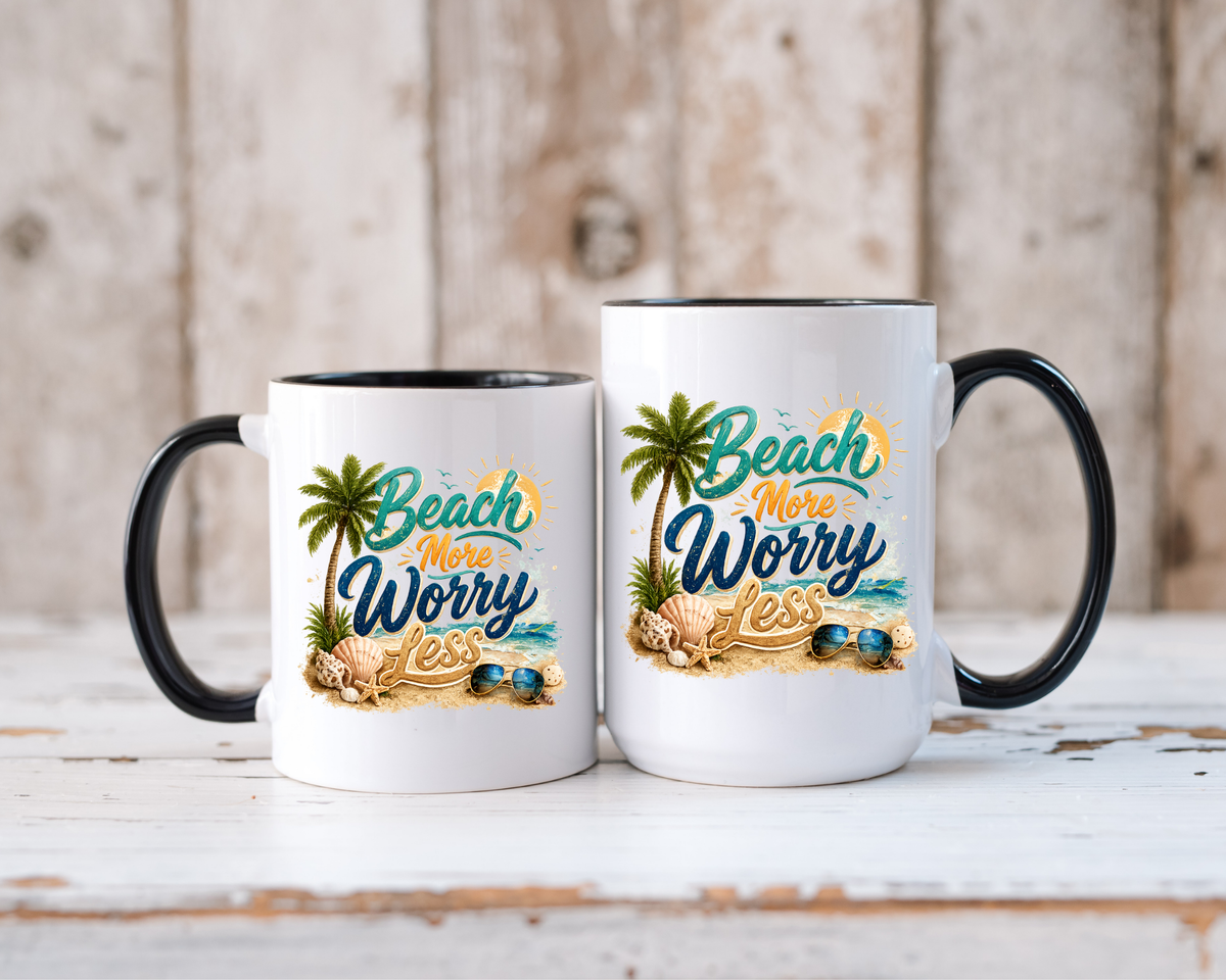 Beach More Worry Less Coffee Mug, Summer Vacation Gift for Ocean Lovers, Cute Tropical Palm Tree Ceramic Tea Cup with Dark Blue Handle