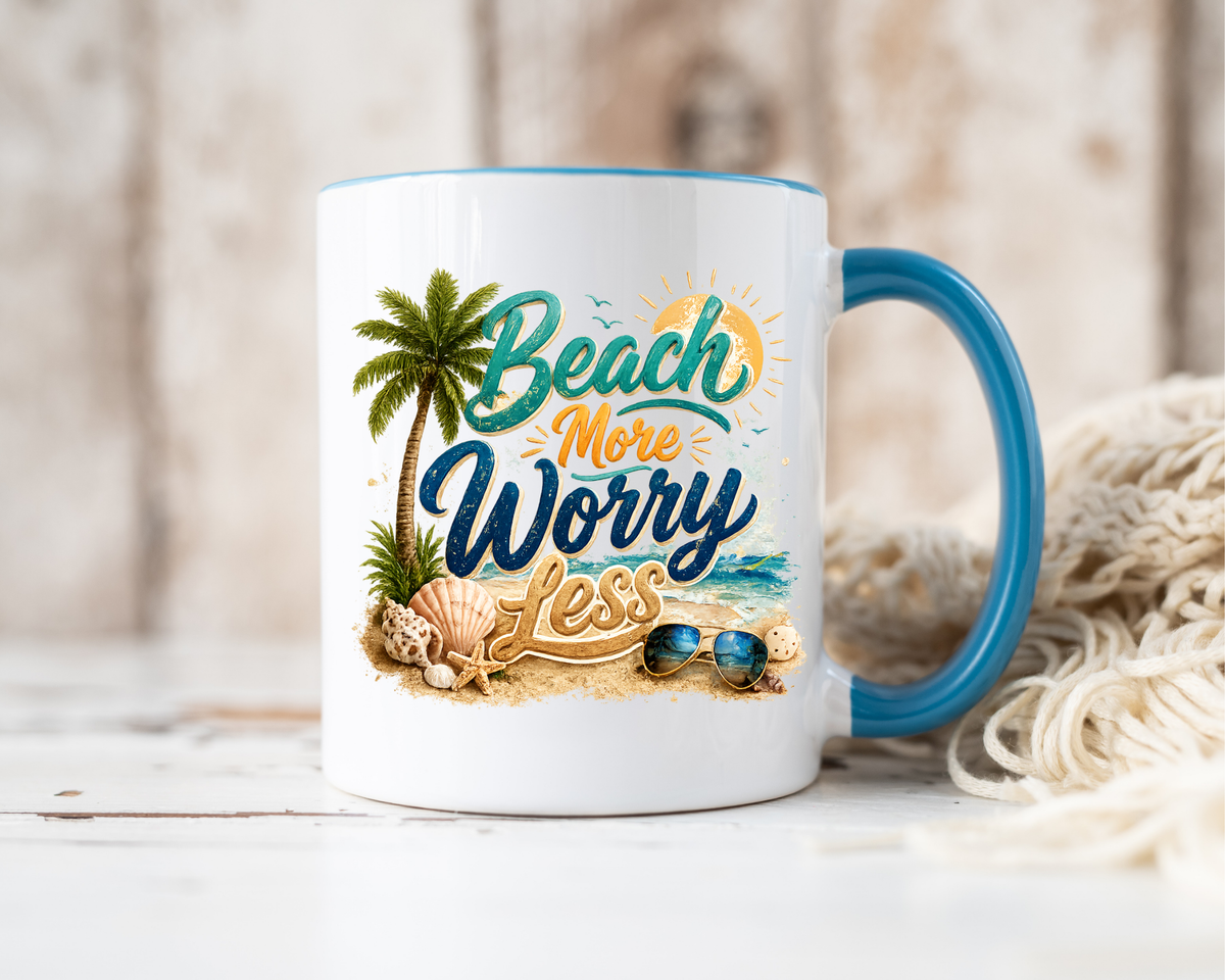 Beach More Worry Less Coffee Mug, Summer Vacation Gift for Ocean Lovers, Cute Tropical Palm Tree Ceramic Tea Cup with Dark Blue Handle