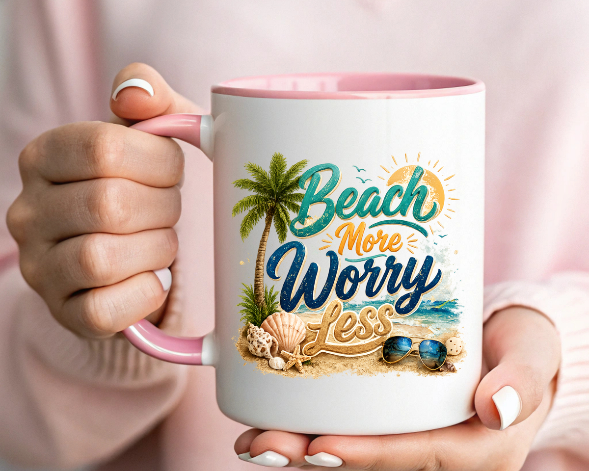 Beach More Worry Less Coffee Mug, Summer Vacation Gift for Ocean Lovers, Cute Tropical Palm Tree Ceramic Tea Cup with Dark Blue Handle