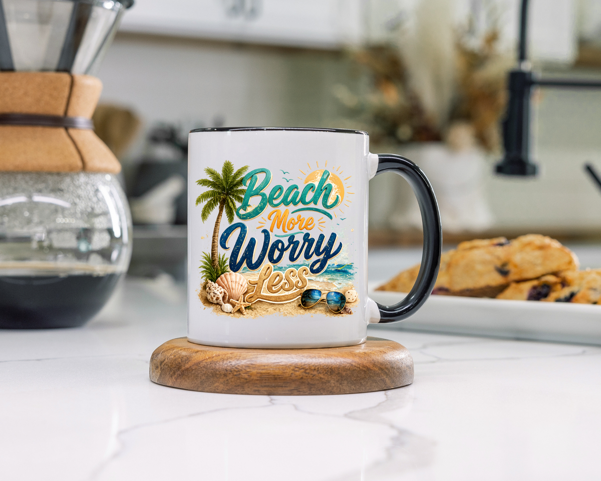 Beach More Worry Less Coffee Mug, Summer Vacation Gift for Ocean Lovers, Cute Tropical Palm Tree Ceramic Tea Cup with Dark Blue Handle