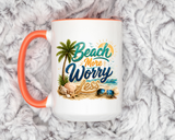 Beach More Worry Less Coffee Mug, Summer Vacation Gift for Ocean Lovers, Cute Tropical Palm Tree Ceramic Tea Cup with Dark Blue Handle