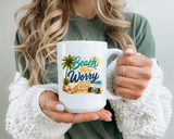 Beach More Worry Less Coffee Mug, Summer Vacation Gift for Ocean Lovers, Cute Tropical Palm Tree Ceramic Tea Cup with Dark Blue Handle