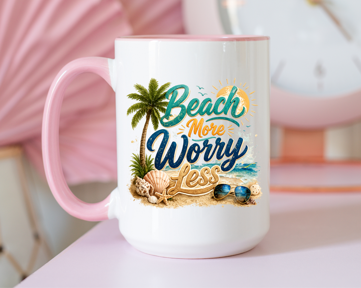 Beach More Worry Less Coffee Mug, Summer Vacation Gift for Ocean Lovers, Cute Tropical Palm Tree Ceramic Tea Cup with Dark Blue Handle