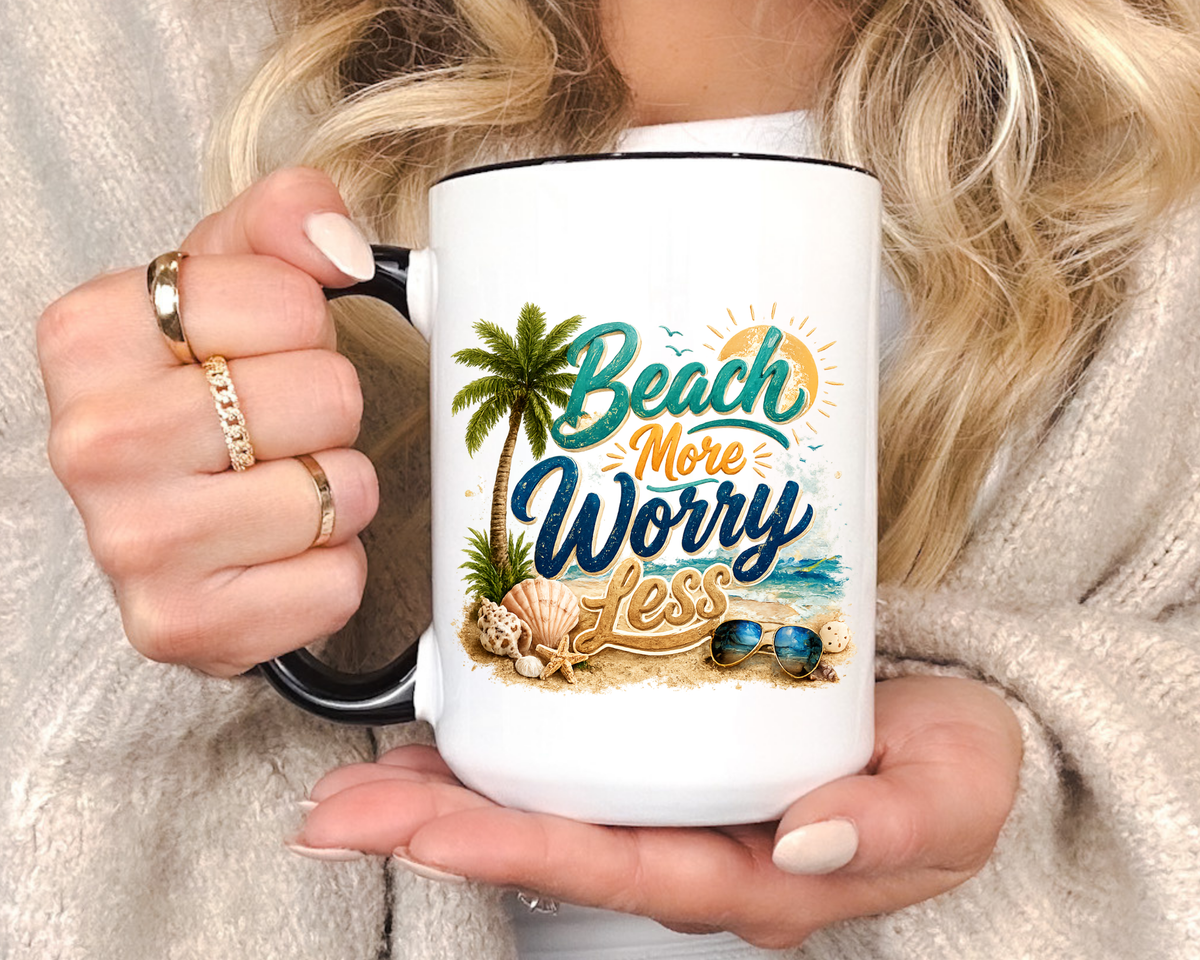 Beach More Worry Less Coffee Mug, Summer Vacation Gift for Ocean Lovers, Cute Tropical Palm Tree Ceramic Tea Cup with Dark Blue Handle