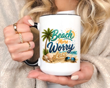 Beach More Worry Less Coffee Mug, Summer Vacation Gift for Ocean Lovers, Cute Tropical Palm Tree Ceramic Tea Cup with Dark Blue Handle