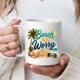 Beach More Worry Less Coffee Mug, Summer Vacation Gift for Ocean Lovers, Cute Tropical Palm Tree Ceramic Tea Cup with Dark Blue Handle