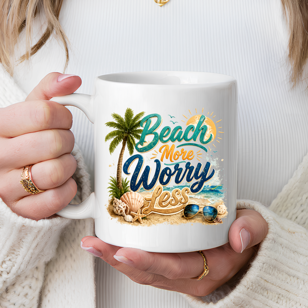 Beach More Worry Less Coffee Mug, Summer Vacation Gift for Ocean Lovers, Cute Tropical Palm Tree Ceramic Tea Cup with Dark Blue Handle