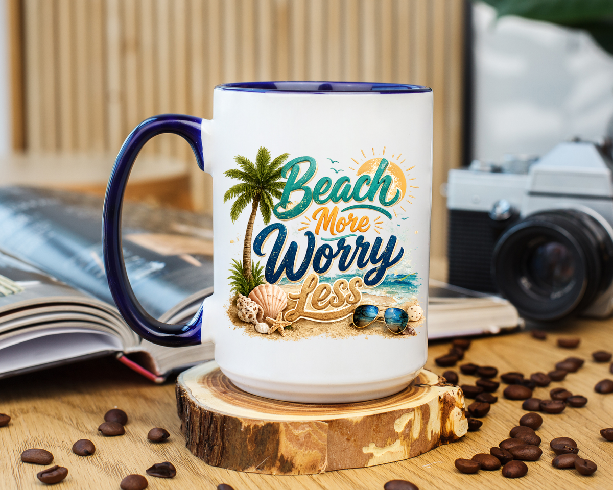 Beach More Worry Less Coffee Mug, Summer Vacation Gift for Ocean Lovers, Cute Tropical Palm Tree Ceramic Tea Cup with Dark Blue Handle