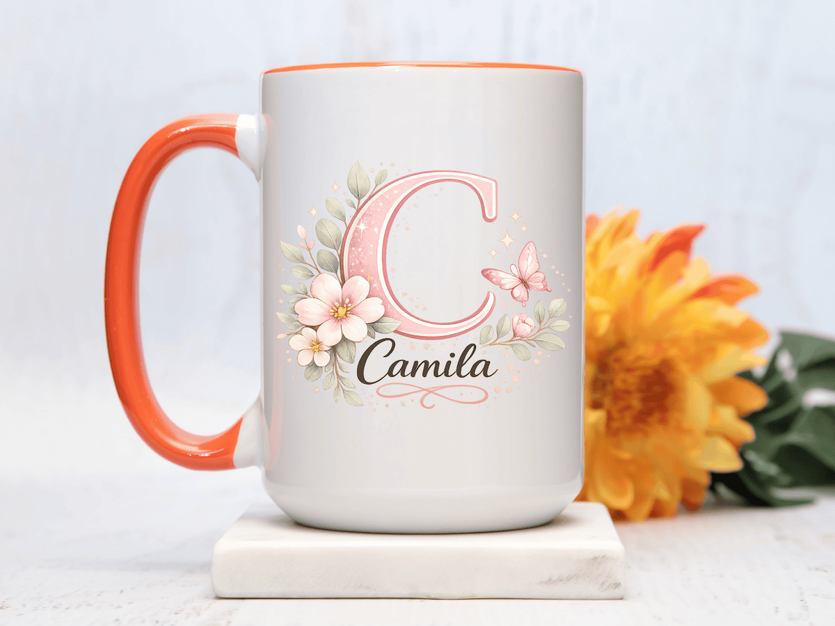 Personalized Initial Name Mug, Custom Floral Monogram Coffee Mug for Women, Butterfly Letter Cup, Birthday Gift for Her, Bridesmaid Mug