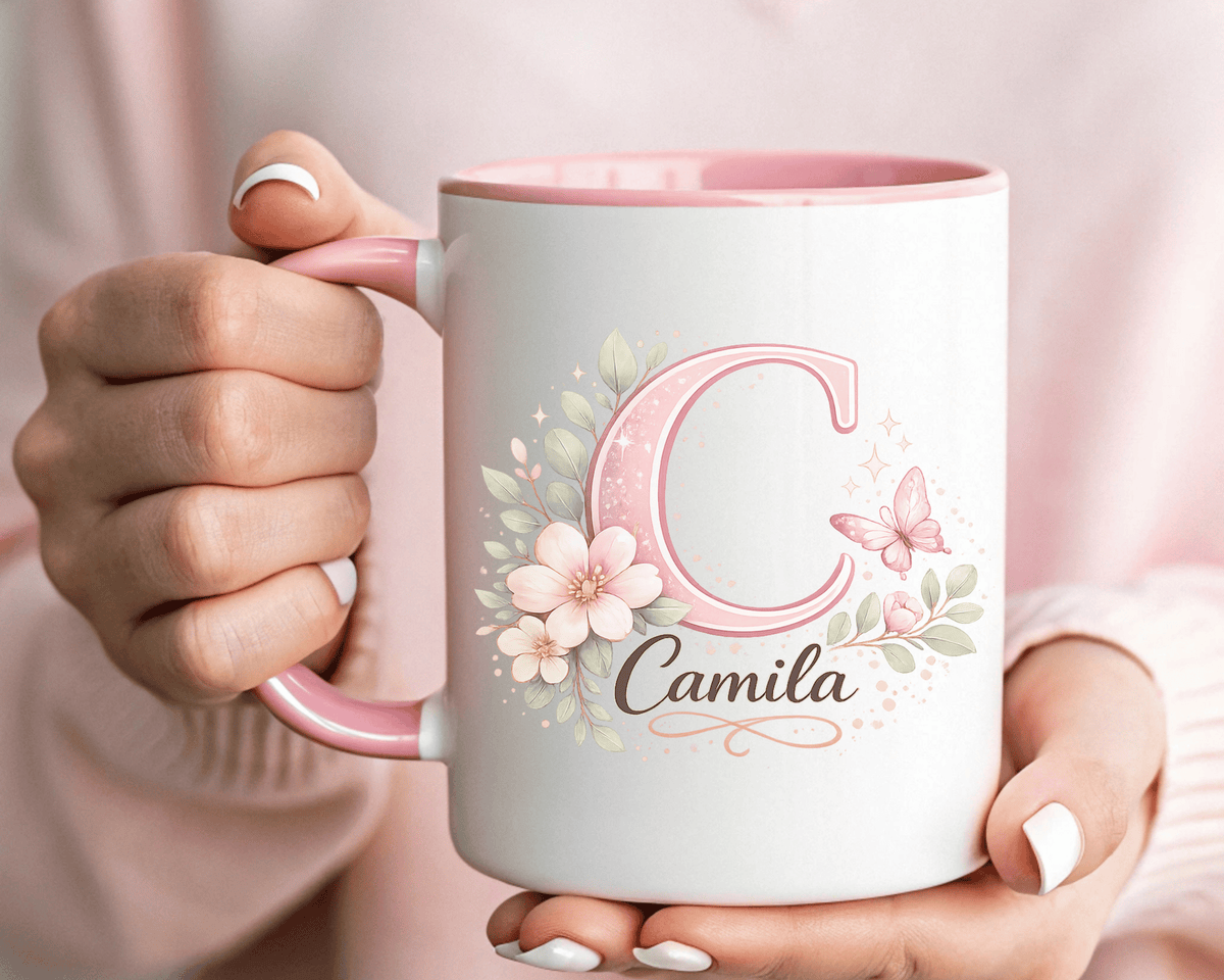 Personalized Initial Name Mug, Custom Floral Monogram Coffee Mug for Women, Butterfly Letter Cup, Birthday Gift for Her, Bridesmaid Mug