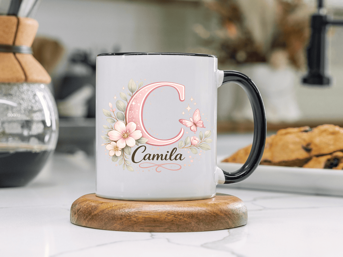 Personalized Initial Name Mug, Custom Floral Monogram Coffee Mug for Women, Butterfly Letter Cup, Birthday Gift for Her, Bridesmaid Mug
