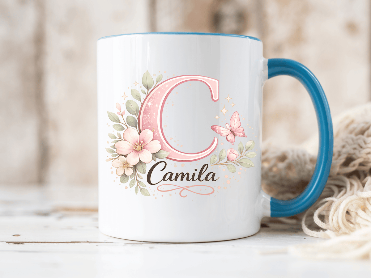 Personalized Initial Name Mug, Custom Floral Monogram Coffee Mug for Women, Butterfly Letter Cup, Birthday Gift for Her, Bridesmaid Mug