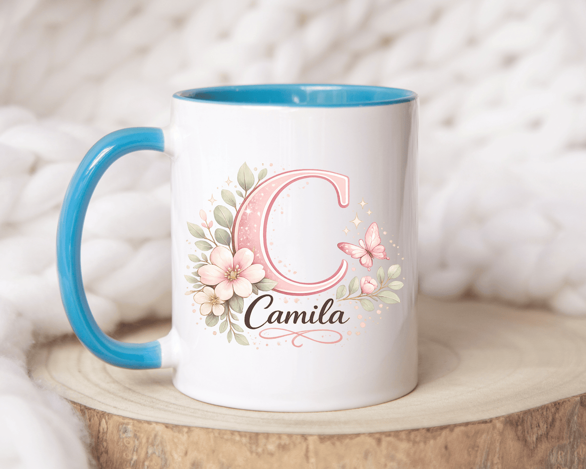 Personalized Initial Name Mug, Custom Floral Monogram Coffee Mug for Women, Butterfly Letter Cup, Birthday Gift for Her, Bridesmaid Mug
