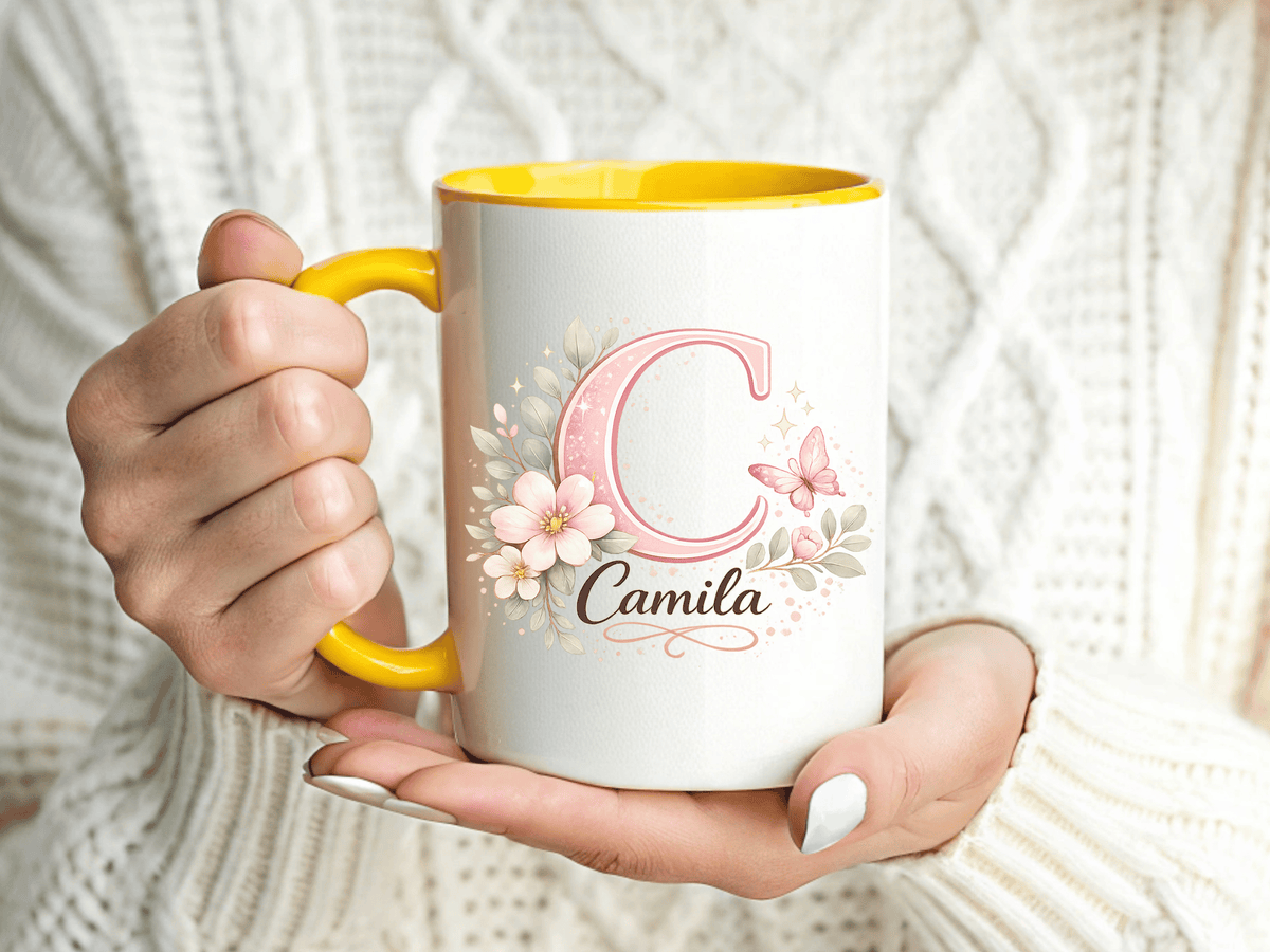 Personalized Initial Name Mug, Custom Floral Monogram Coffee Mug for Women, Butterfly Letter Cup, Birthday Gift for Her, Bridesmaid Mug